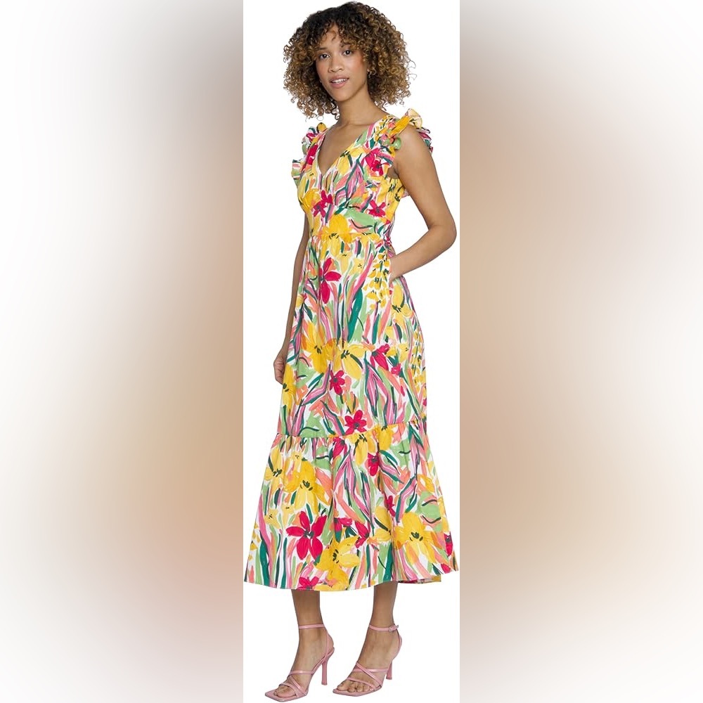 Maggy London Cocktail VNeck Ruffle Pockets Maxi Summer Spring Wedding Easter Sz6